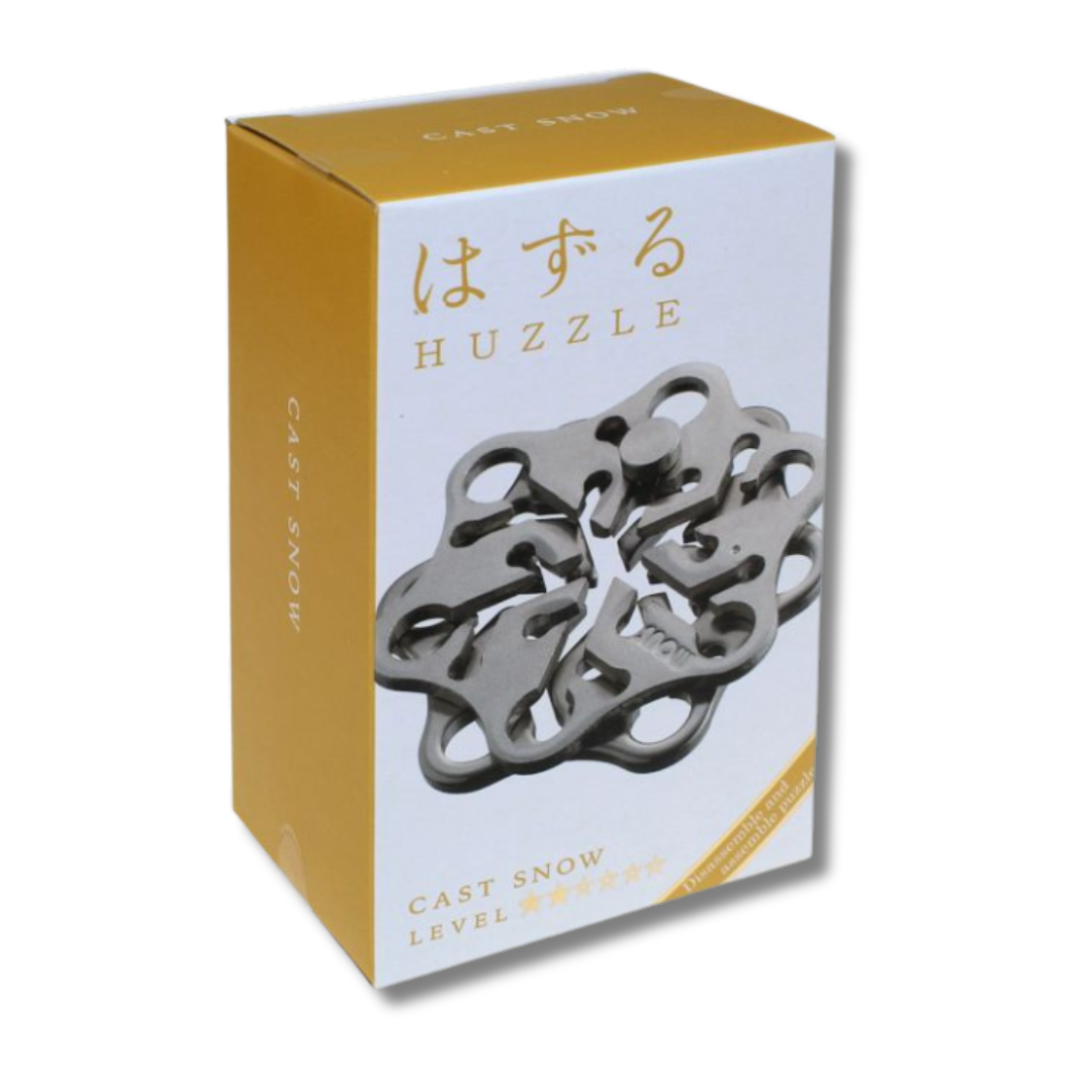 HUZZLE puzzle toy packaging with a white and gold design on a white background