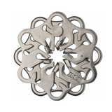 Metallic decorative item with intricate design on a white background