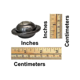 Metallic ball with measurements in inches and centimeters on a white background