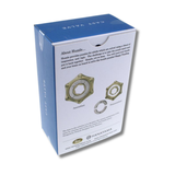 Box of Hanayama puzzle with blue lid and white body on a white background