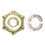 Gold and silver metal hand puzzle parts on a white background