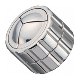 Silver metallic ring with textured design on a white background