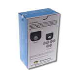 Product packaging with blue and white design on a white background