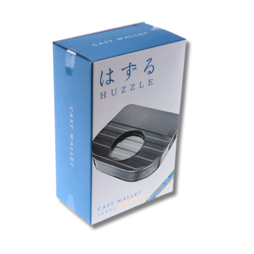 Box of Huzzle cast wallet with blue and white design