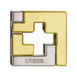 Gold and silver geometric puzzle design with 'CROSS' branding on a white background