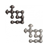 Two metallic puzzle pieces on a white background