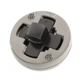 Metallic hand puzzle with black interior on a white background 