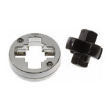 Metallic hand puzzle with black cross-shaped piece on a white background