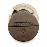 Round metal padlock puzzle on a white background