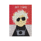Jigsaw puzzle with a stylized portrait of a cat wearing sunglasses on a red background