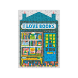 Jigsaw puzzle with a colorful bookshop design and 'I Love Books' text on a white background