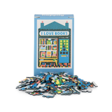 Puzzle with pieces and packaging featuring 'I Love Books' design on a white background