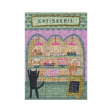Jigsaw puzzle packaging with a cat-themed design of a cat in a store.