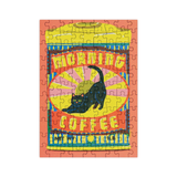 Puzzle with a colorful design of a coffee can and black cat on a white background