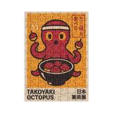 Jigsaw puzzle with a red octopus design on an orange background, featuring text and graphics.