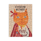 Jigsaw puzzle with a cat illustration and text on a beige background