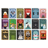 Collection of books with cat-themed covers on a white background