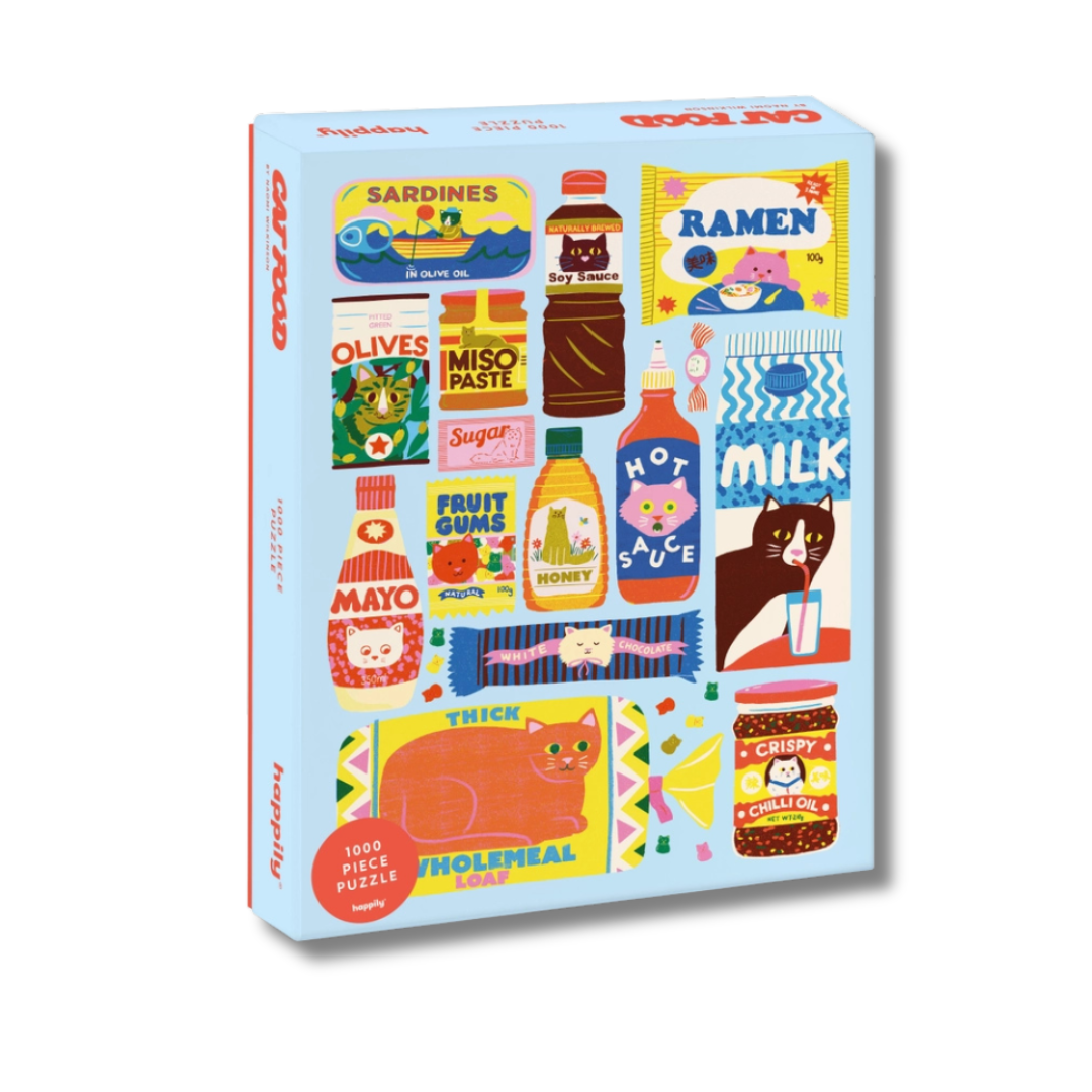 Puzzle box with colorful illustrations of food items and packaging on a white background