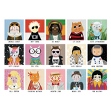 Illustrations of cats in various styles with colorful backgrounds