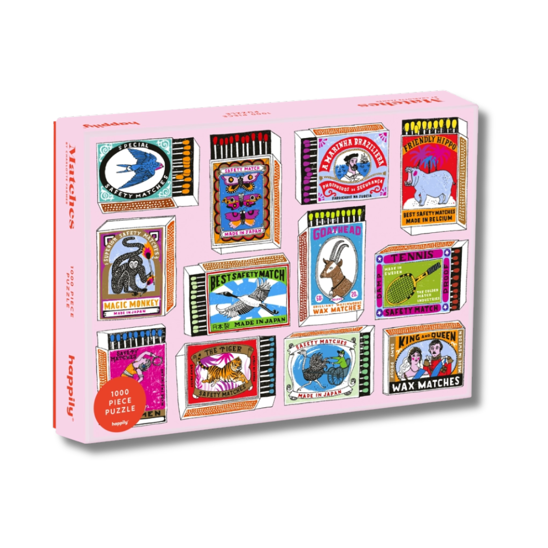 Puzzle box with colorful matchbox designs on a white background