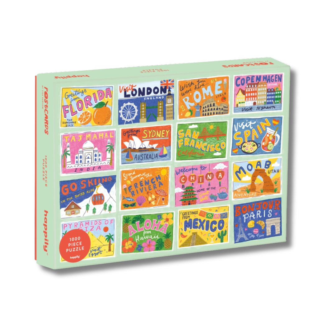 Puzzle box with colorful postcard illustrations on a white background