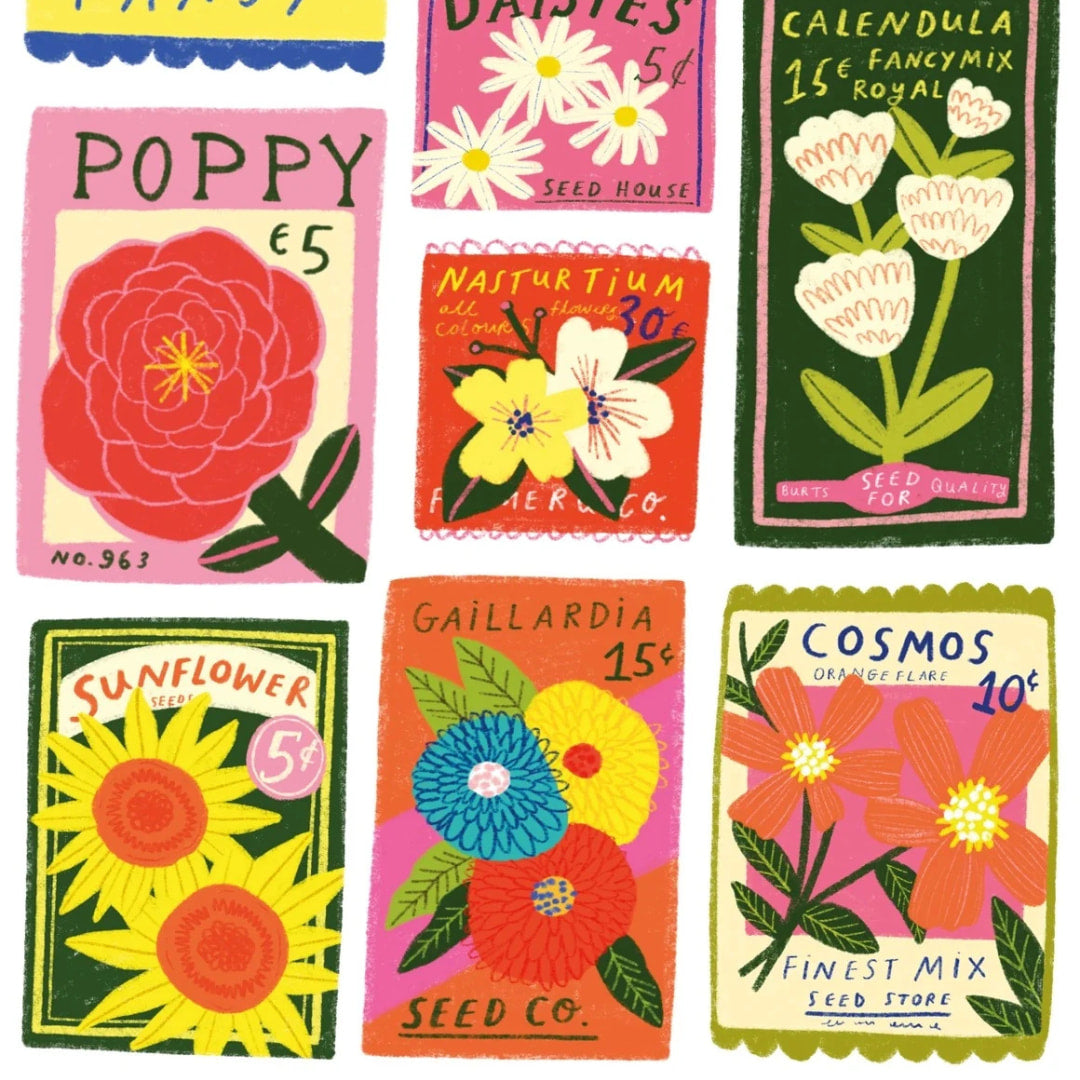 Collection of colorful seed packets with floral designs and text.