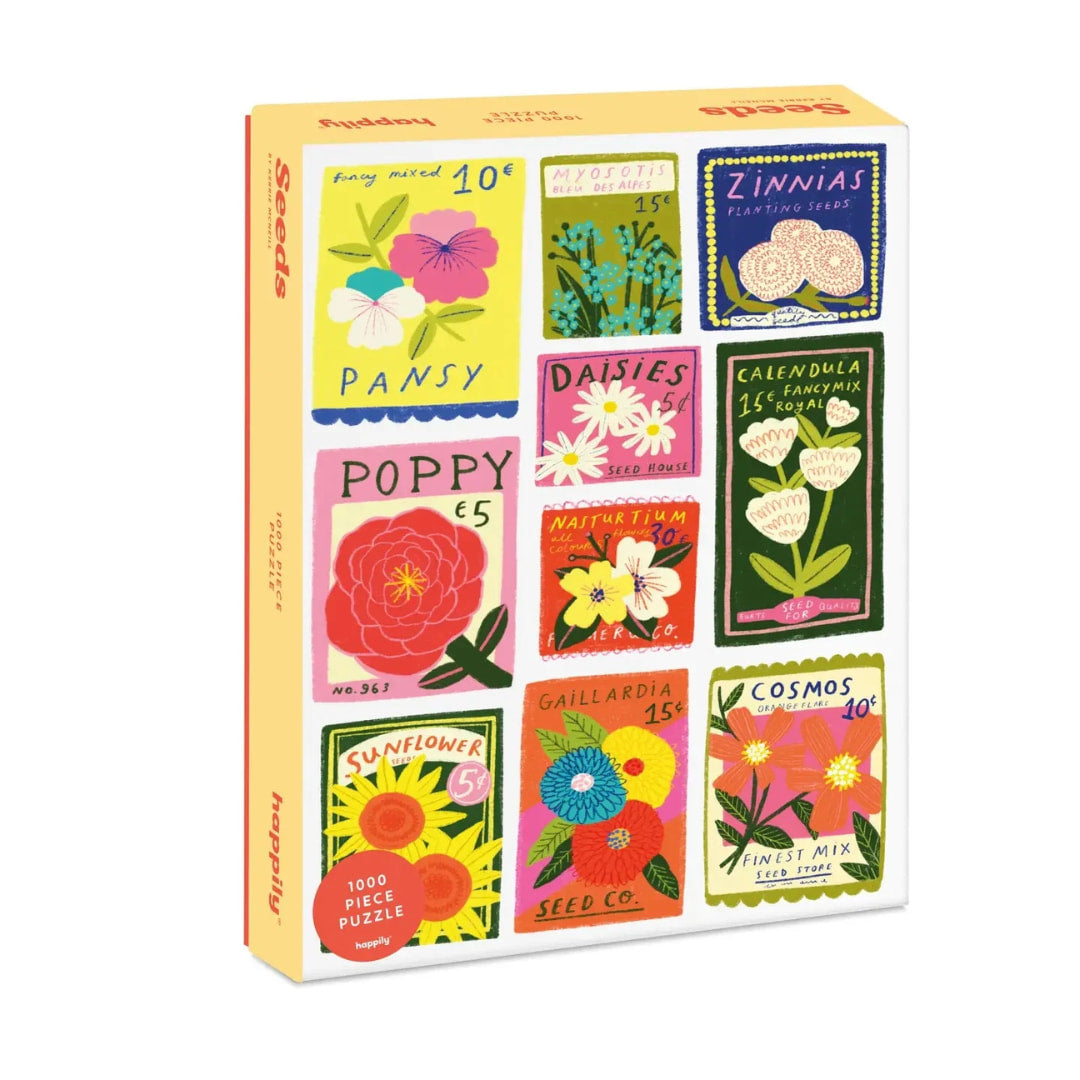 Puzzle box with colorful floral seed packet designs on a white background