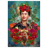 Frida Kahlo artwork with flowers and candles on a blue background