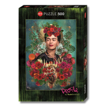 Puzzle box with a colorful design featuring flowers and a portrait of Frida Khalo