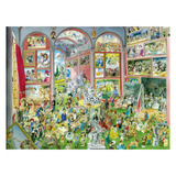 Illustration of a crowded room with people, sculptures, and art on walls.