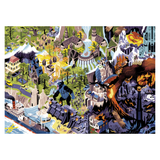 Colorful illustration of a fantasy landscape with various elements like castles, animals, and nature.