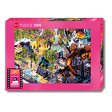 Puzzle box with colorful design and pink border on a white background