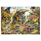 Colorful illustration of a fantasy landscape with fairy tale creatures and vehicles. 