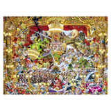 Colorful and intricate artwork with various elements on a white background