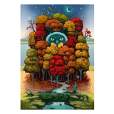 Colorful forest with a cat face in the center, surrounded by trees with autumn foliage.