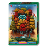 Jigsaw puzzle box with a colorful forest design and a cat among the trees.