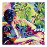 Colorful painting of a woman sitting among tropical leaves
