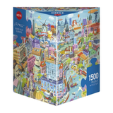 A 1500-piece jigsaw puzzle box featuring a colorful, whimsical illustration of a European city with buildings, boats, and landmarks. The box is branded with the HEYE logo and shows a blue puzzle-piece graphic on the right side.