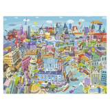 A colorful illustrated cityscape artwork showing a dense, whimsical urban scene with buildings, waterways, boats, windmills, hot air balloons, and small cartoon-like figures under a pale blue sky.