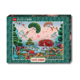 Jigsaw puzzle box with an illustration of an exotic garden on a white background