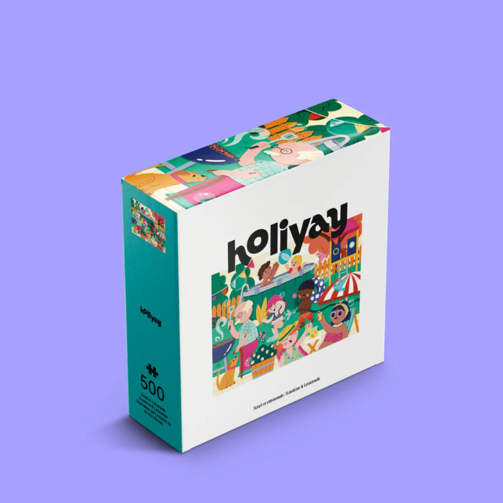 Colorful puzzle box with 'holiyay' branding on a purple background