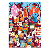 Colorful illustration of various food items and people on a purple background