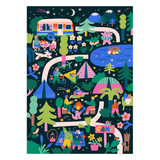 Colorful illustration of a camping scene with people, tents, and nature elements on a dark background.