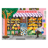 Illustration of a boulangerie with pastries and a person reading a newspaper.