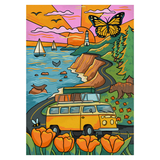 Colorful illustration of a van, lighthouse, and nature elements on a white background