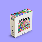 Jigsaw puzzle box with colorful artwork and 'holiyay' branding on a purple background