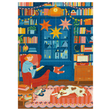 Illustration of a cozy room with a person reading, a dog, and bookshelves.