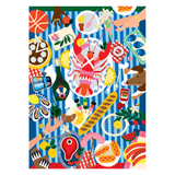 Colorful illustration of a beach scene with various items on a blue striped background