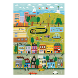 Illustration of a colorful cityscape with buildings, park, and people activities.