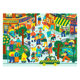Colorful illustration of a lively street scene with people and shops.